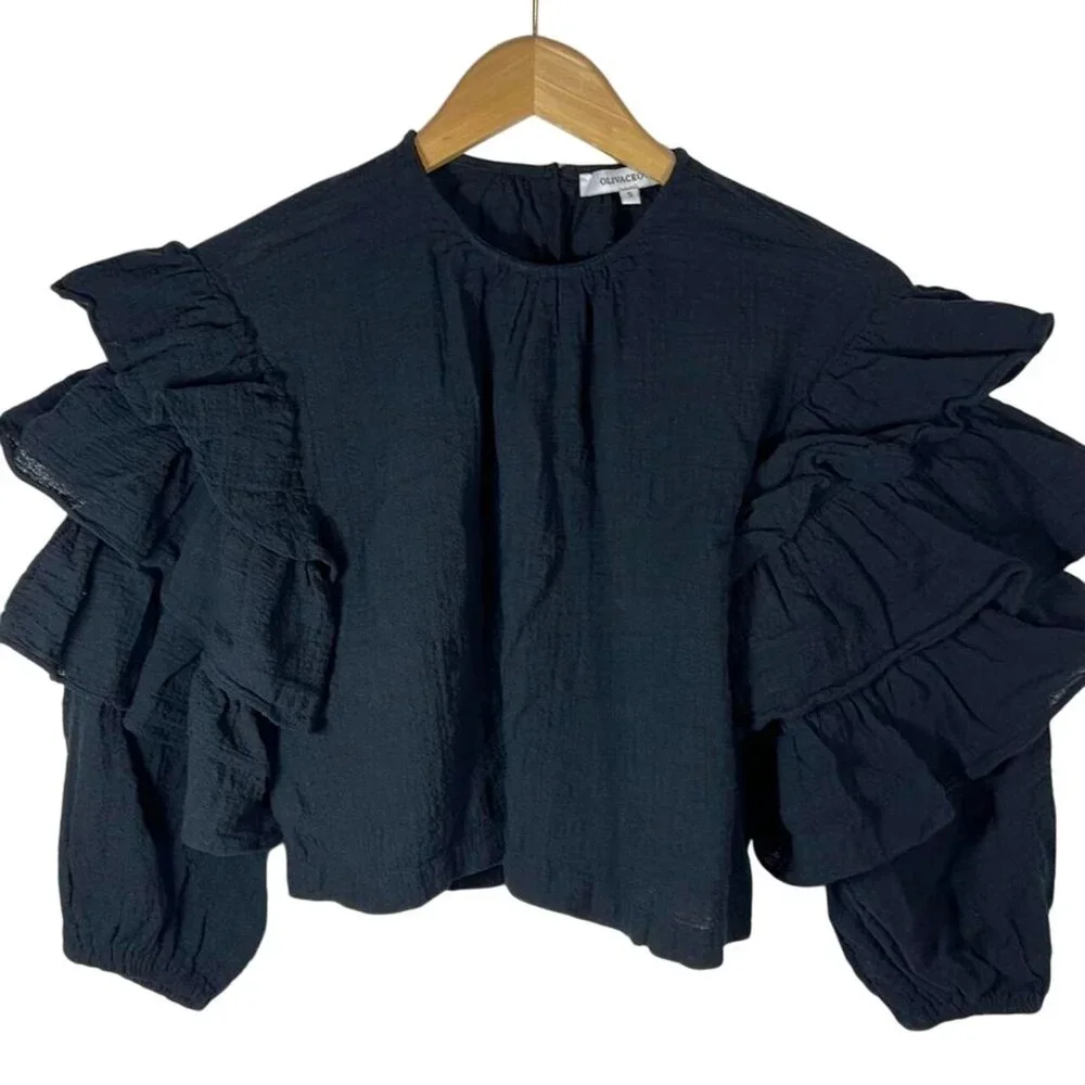 Olivaceous Black Cropped Tiered shirt ruffles gauze size S small